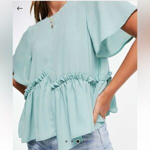 ASOS DESIGN smock top asymmetric ruffle hem sage green blue office career casual